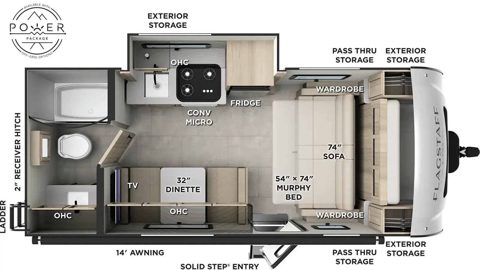 The Flagstaff E-Pro E19FDS floorplan has one entry and one slide out. Exterior features include: fiberglass exterior and 14' awning. Interiors features include: murphy bed and rear bathroom.